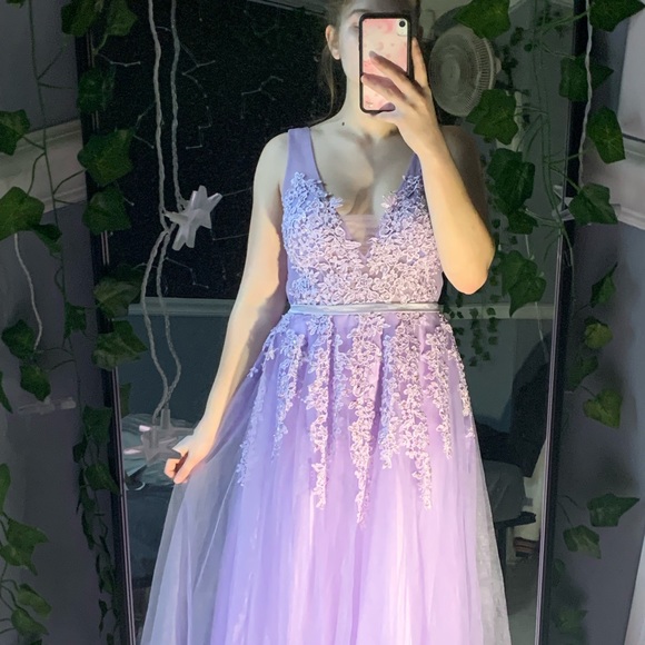Beautiful Purple Beaded Lace Prom Dress - Picture 2 of 3